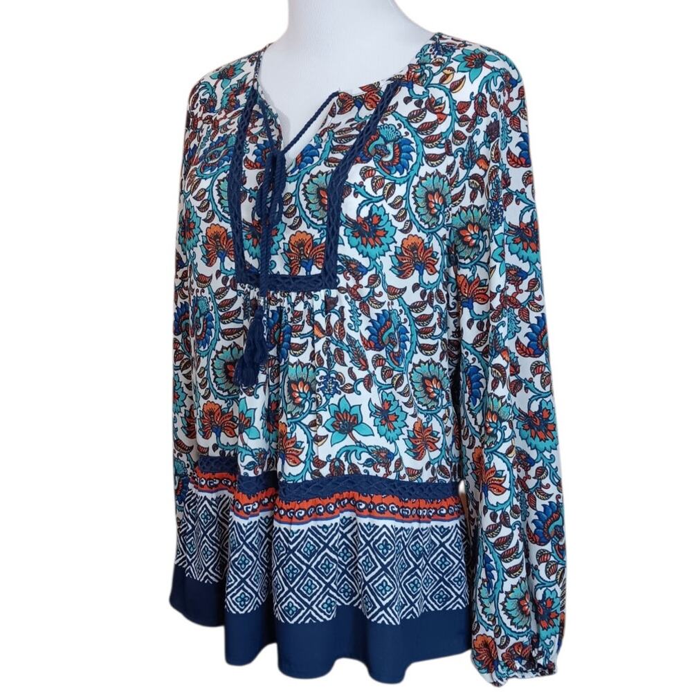 DANIEL RAINN Boho Peasant Top Blouse Flowy Small Colorful Travel Career V-Neck